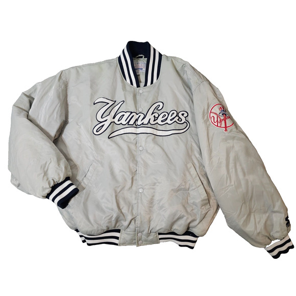 New York Yankees 2X Vintage 90s Starter Satin Bomber Jacket MLB Silver Coat - Picture 1 of 14